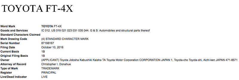 Toyota’s FT-4X trademark as filed with the USPTO.